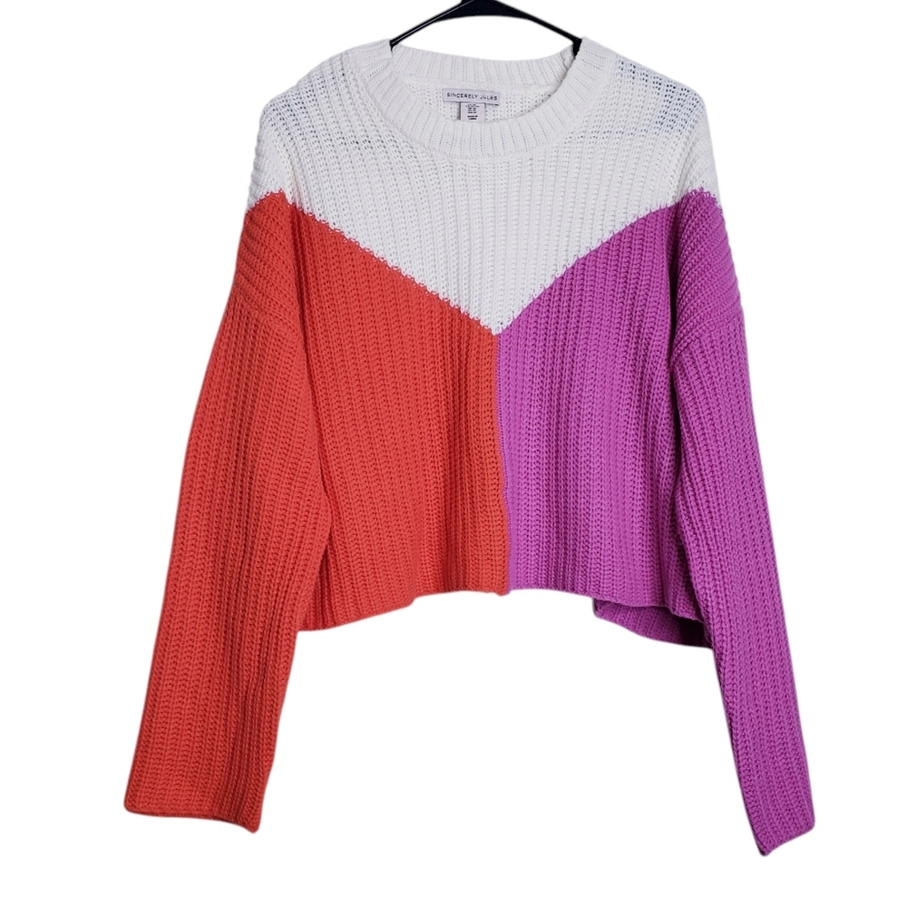 Sincerely Jules White Purple Orange Color Block Crop Sweater Women's Size XL